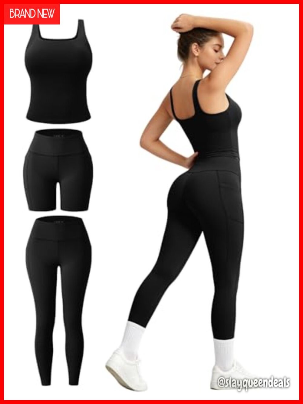 3 Piece Workout Set Sports Bra Racerback Biker Shorts Yoga Leggings